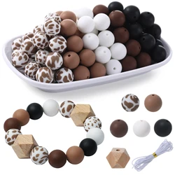 Brown Cow Color Scheme Silicone Bead Set 50Pcs 15MM Round Beads for Jewelry Making DIY Keychain Necklace Jewelry Accessories