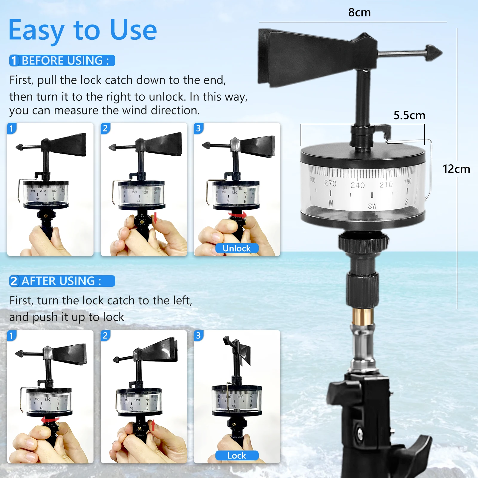 Portable Wind Direction Indicator Handheld Anemometer Three-Cup Weather Vane 0-360° Outdoor Wind Meter for Agriculture Marine