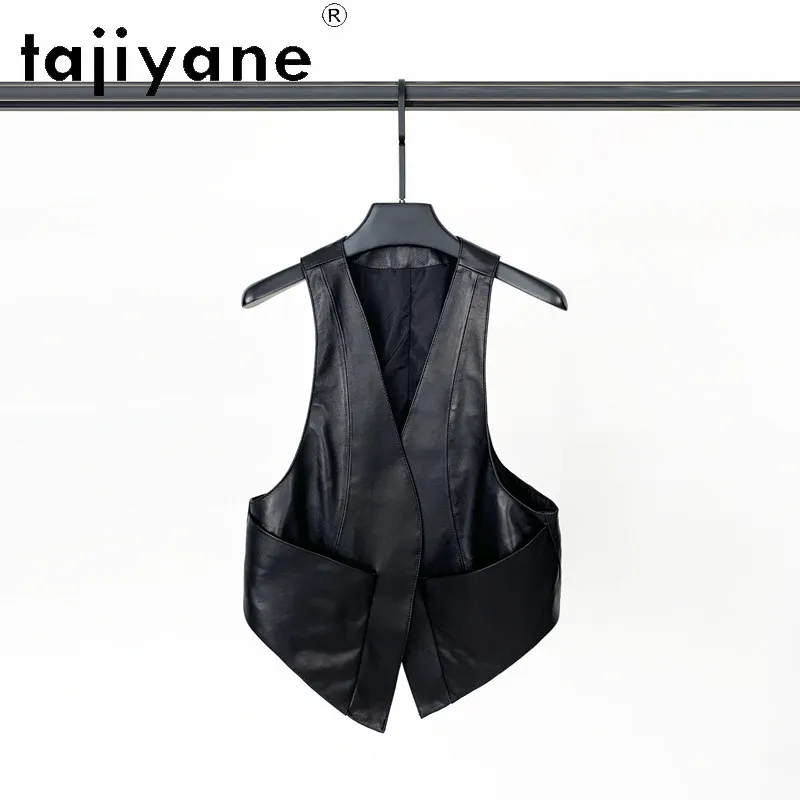 TAJIYANE Black Sheepskin Motorcycle Jackets for Woman Vestes Genuine Leather Jacket Women Sleeveless Coat Chic Veste Femme Short