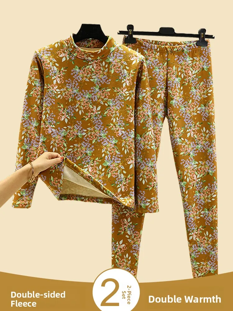 

Warmth Velvet Floral Set Women's Slim Fit Long Sve High Collar Thermal Underwear Two-Piece Suit for Autumn Winter Home Wear