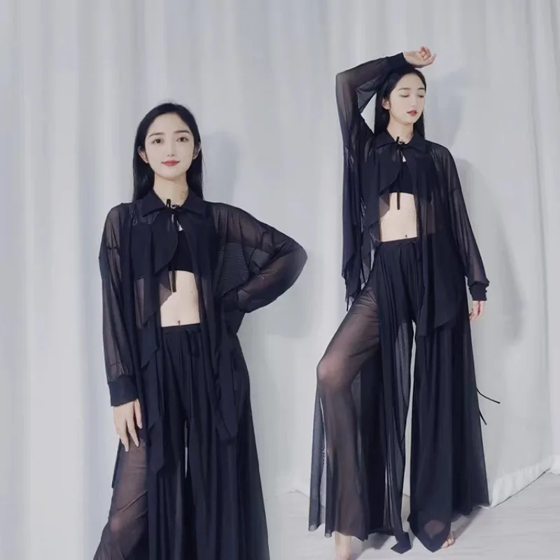 

Индивидуальный тренировочный костюм для танца живота, костюм для восточного танца, платье для современного танца, свободный сетчатый комплект, комплект из четырех предметов