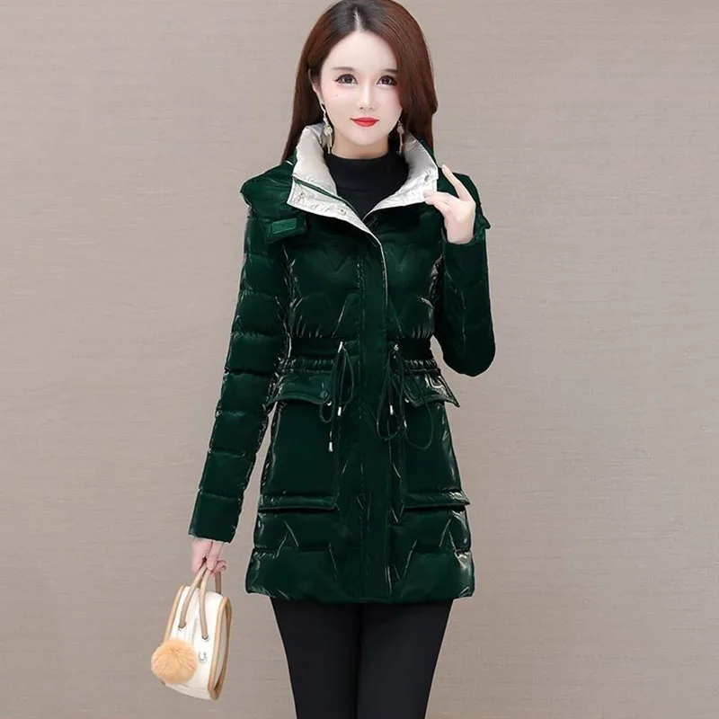 New Women\'s Down Cotton Coat Winter Warm Jacket Long Thick Bright Face Wash Padded Jackets Female Hooded Parker Overcoat Red 5XL