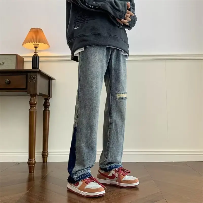 

American Retro Hole Denim Jeans Men's Street Sle Loose Trendy High Street Straight Casual Long Pants Spring Youth Faion