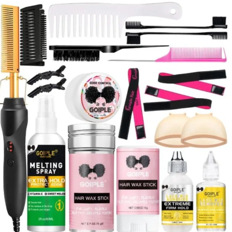 

Goiple 19 in 1 Hot Comb Styling Kit for Natural Black Hair with Wig Glue Hair Wax Set Electric Straightener Curler Machine