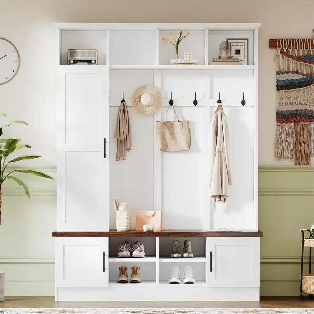 

Wide Entryway Hall Tree with Storage Bench, 55" W Entryway Shoe Cabinet with Cube Storage and Adjustable Shelves, armhouse Hallw