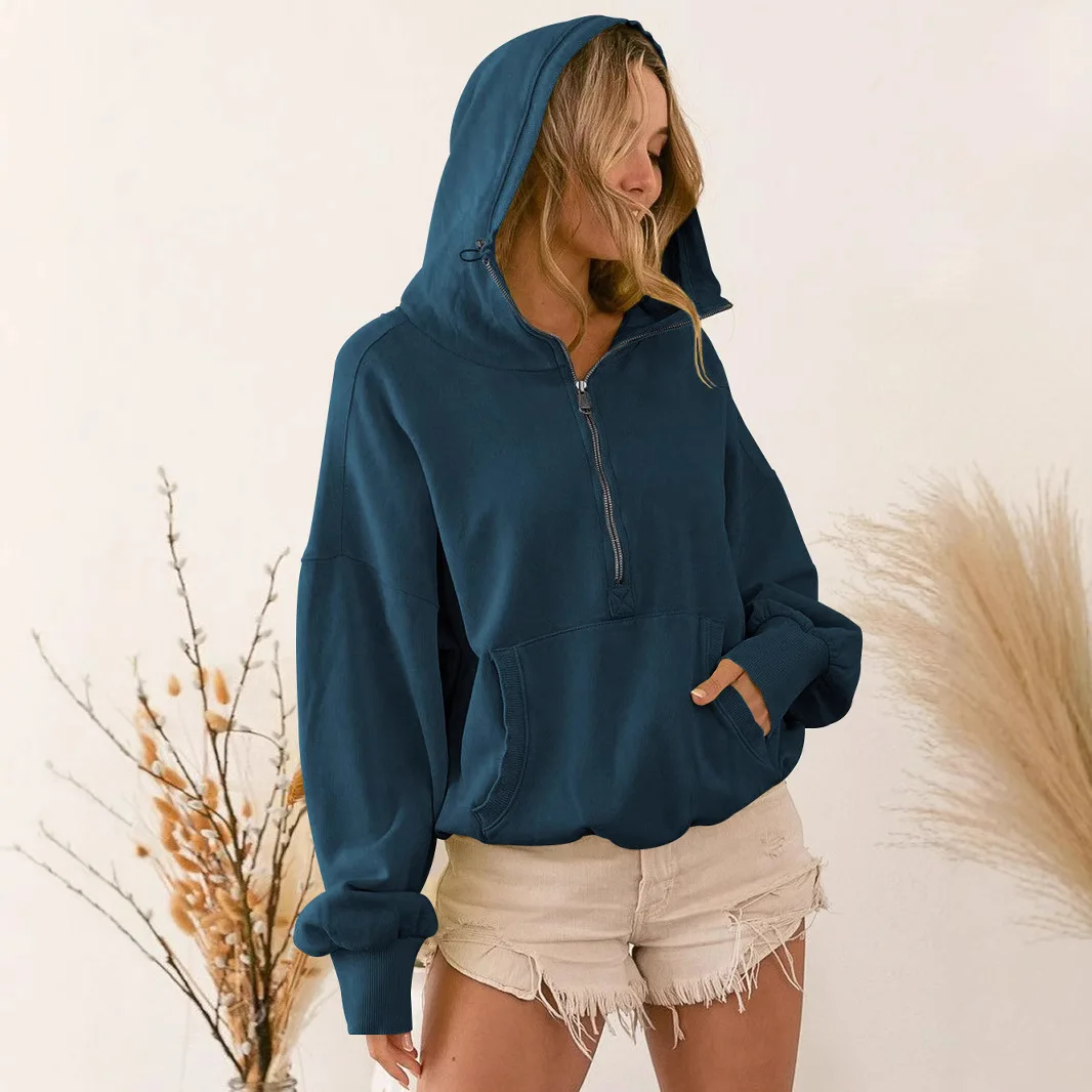 Women's Hooded Sweatshirt Sports Zip Up Pocket Hoodie Solid High Waist Drawstring Long Sleeved Top Jacket for Streetwear