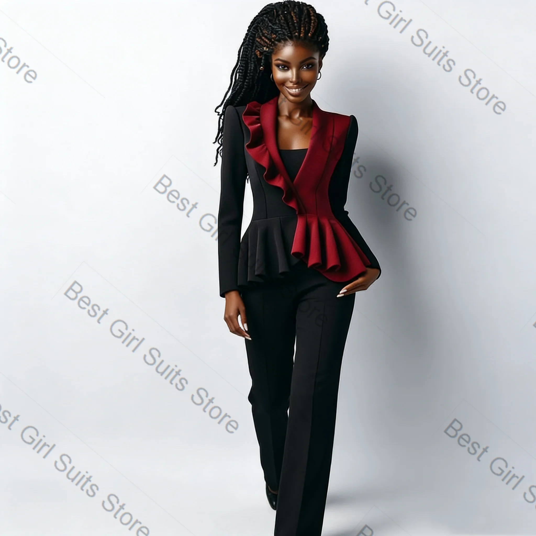 

Черно-красный женский костюм-двойка с рюшами: пиджак и брюки из хлопка. Весенний, для офиса, нарядный, с возможностью индивидуального пошива, для свадьбы.