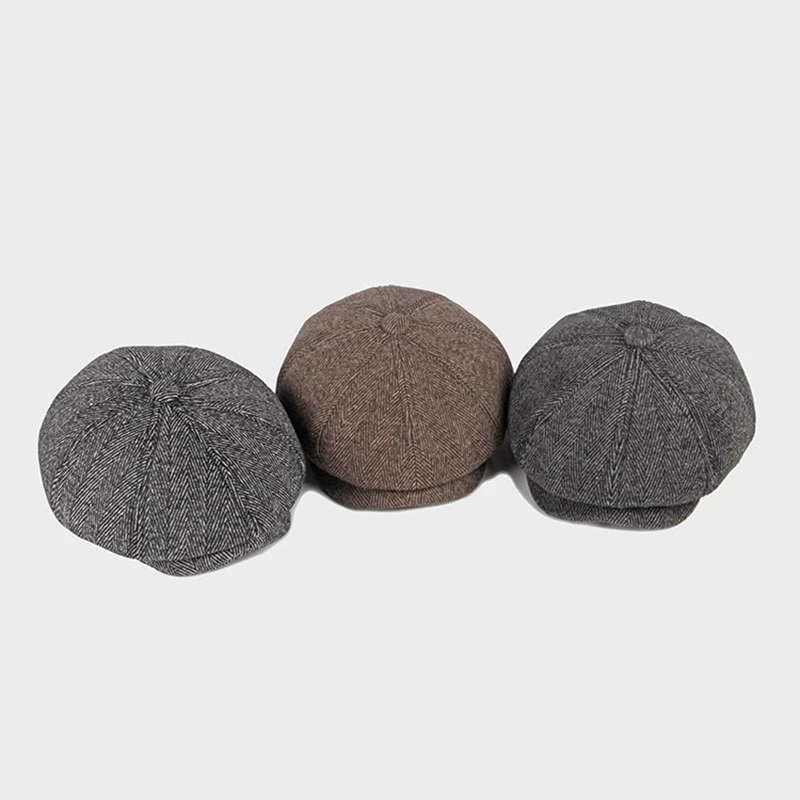 Cap Hat Thick Warm Men Beret Cap Male Vintage Wool Beret Hat Dad Grandfather Octagonal Newsboy Flat Cap