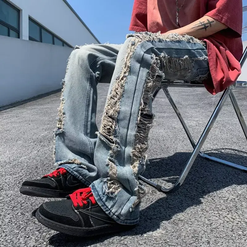 

2023 Ropa Grunge Y2K Streetwear Hip Hop Ripped Jeans Pants Men Clothing Baggy Straight Washed Blue Denim Trousers Pantalon Homme