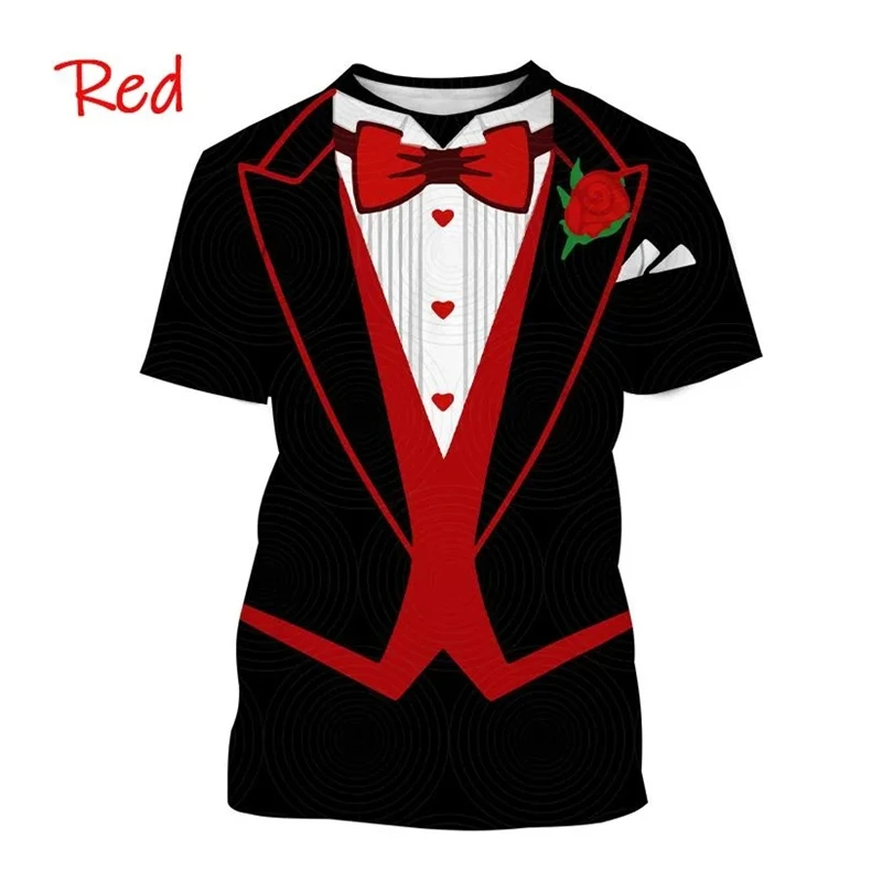 2024 Summer Men\'s Tuxedo Retro Tie Suit T-shirt Bow Tie 3d Print T-shirt Casual Short-sleeve Street Hip Hop Funny Fake Suit Tops