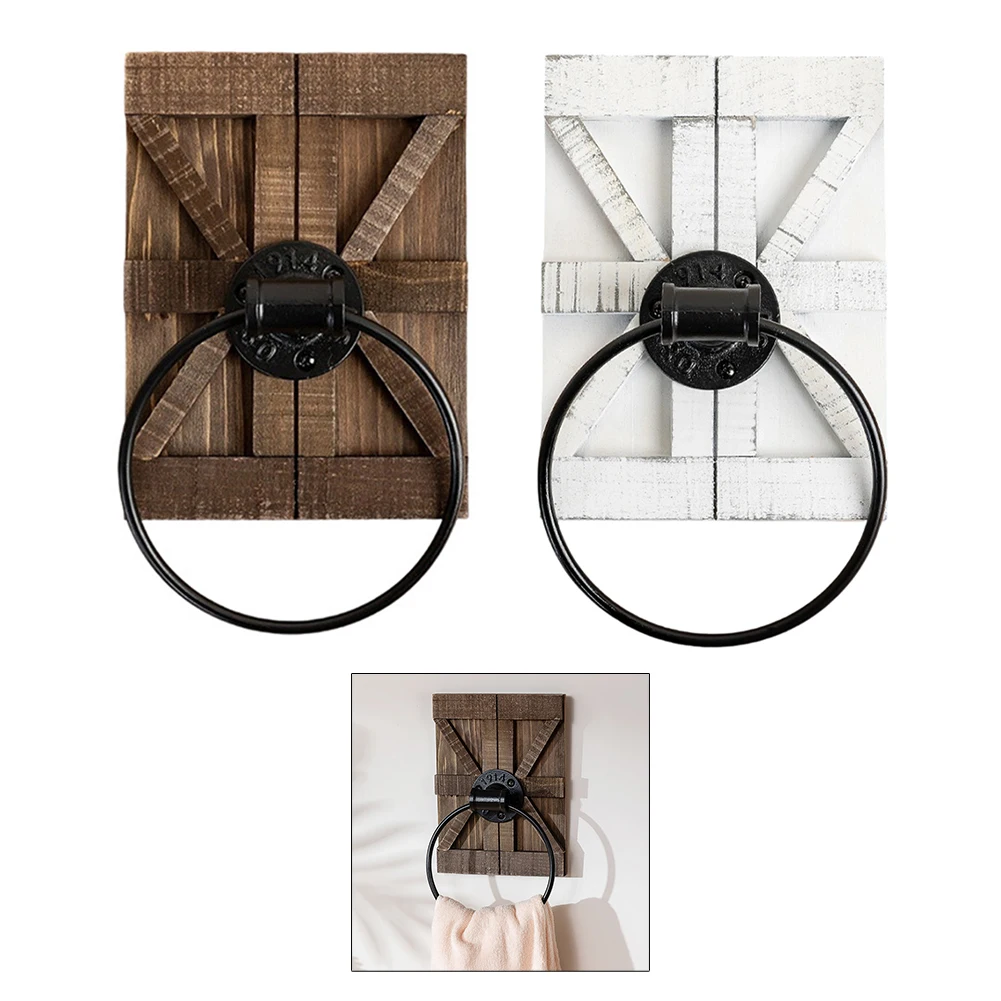 

Rustic Towel Holder For Bathroom Farmhouse Hand Towel Holder Towel Rack Wood Wall Mounted Bathroom Decor Metal Ring
