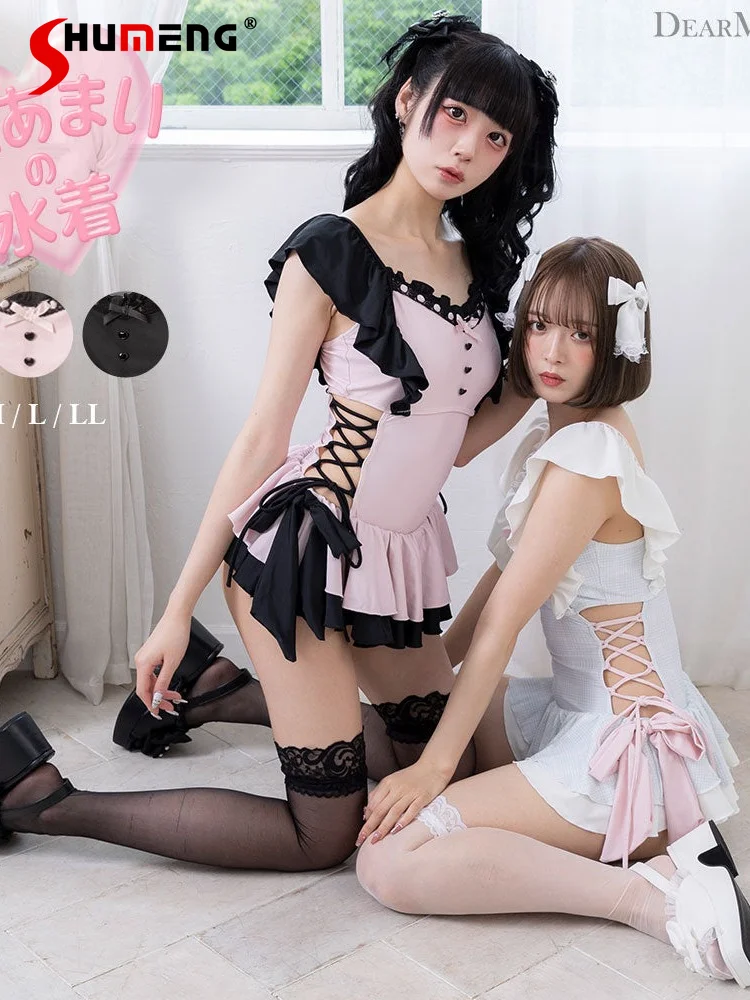 2023 Summer New Lolita Swimwear Woman Japanese Style Sweetheart Slim Sleeveless One Piece Swimwear Skirt Cute Tie Bow Swimwears