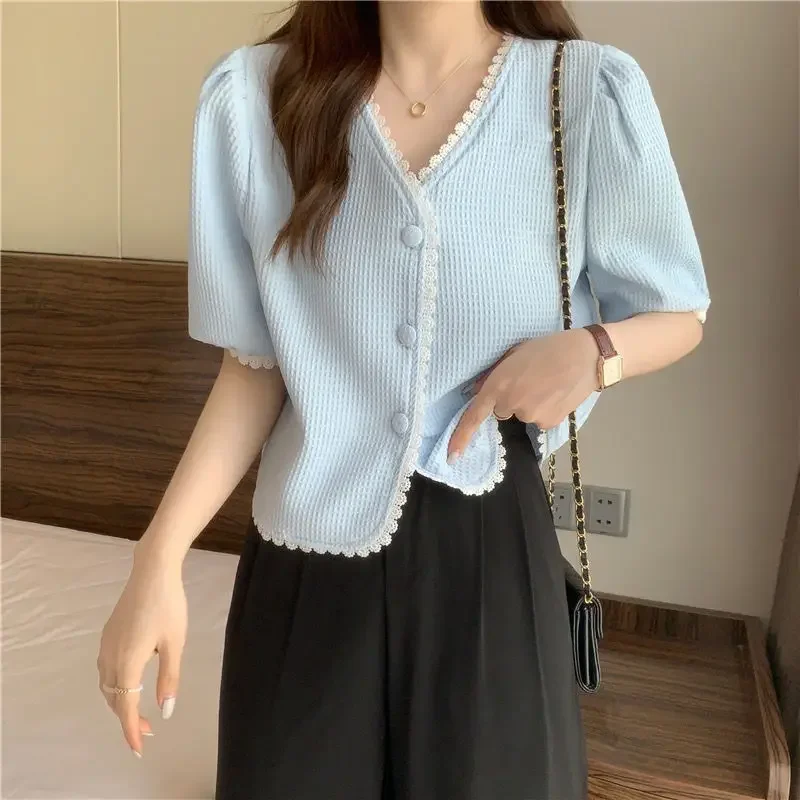 Shirts Women Patchwork Korean Style All-match Short Sleeve New Simple Temperament Summer V-neck Cute Fashion Lace Ins Sweet Girl