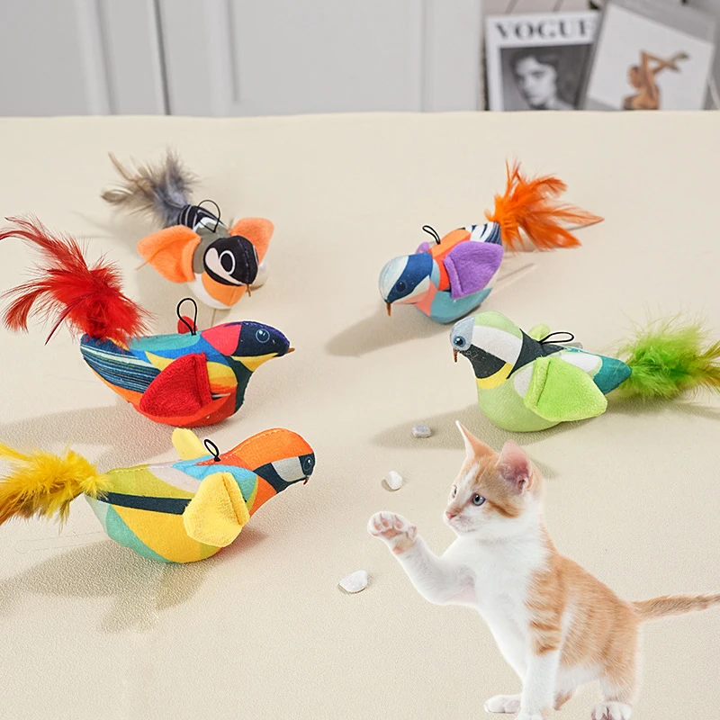 Funny Simulation Realistic Sound Bird Shape Pet Cat Toy Dangle Interactive Toys Furry Feather Teasing Cat Toy Pet Supplies