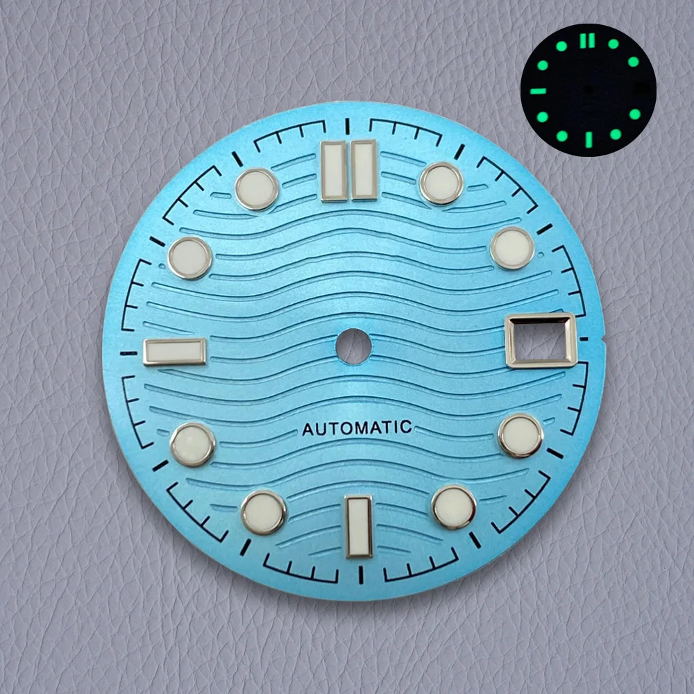 28.5mm S 로고 다이얼 NH35/NH36/4R/7S 일본 무브먼트 녹색 빛나는 고품질 다이얼 시계 수정 액세서리