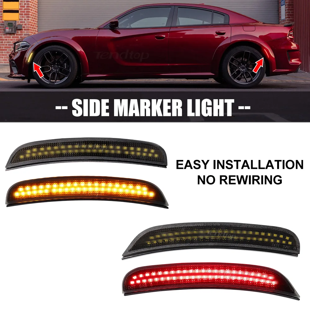 4pcs LED Front Amber & Rear Red Lights Side Marker Light Flashing Signal Light  Side Marker Lamp  For Dodge Charger 2015-2023