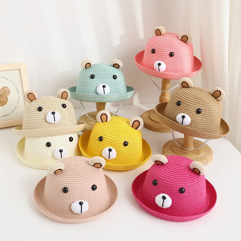 Spring and Summer Children Cartoon Pattern Cute Bear Fashion Simple Girl Out Sun Shade Straw Breathable Fisherman Hat