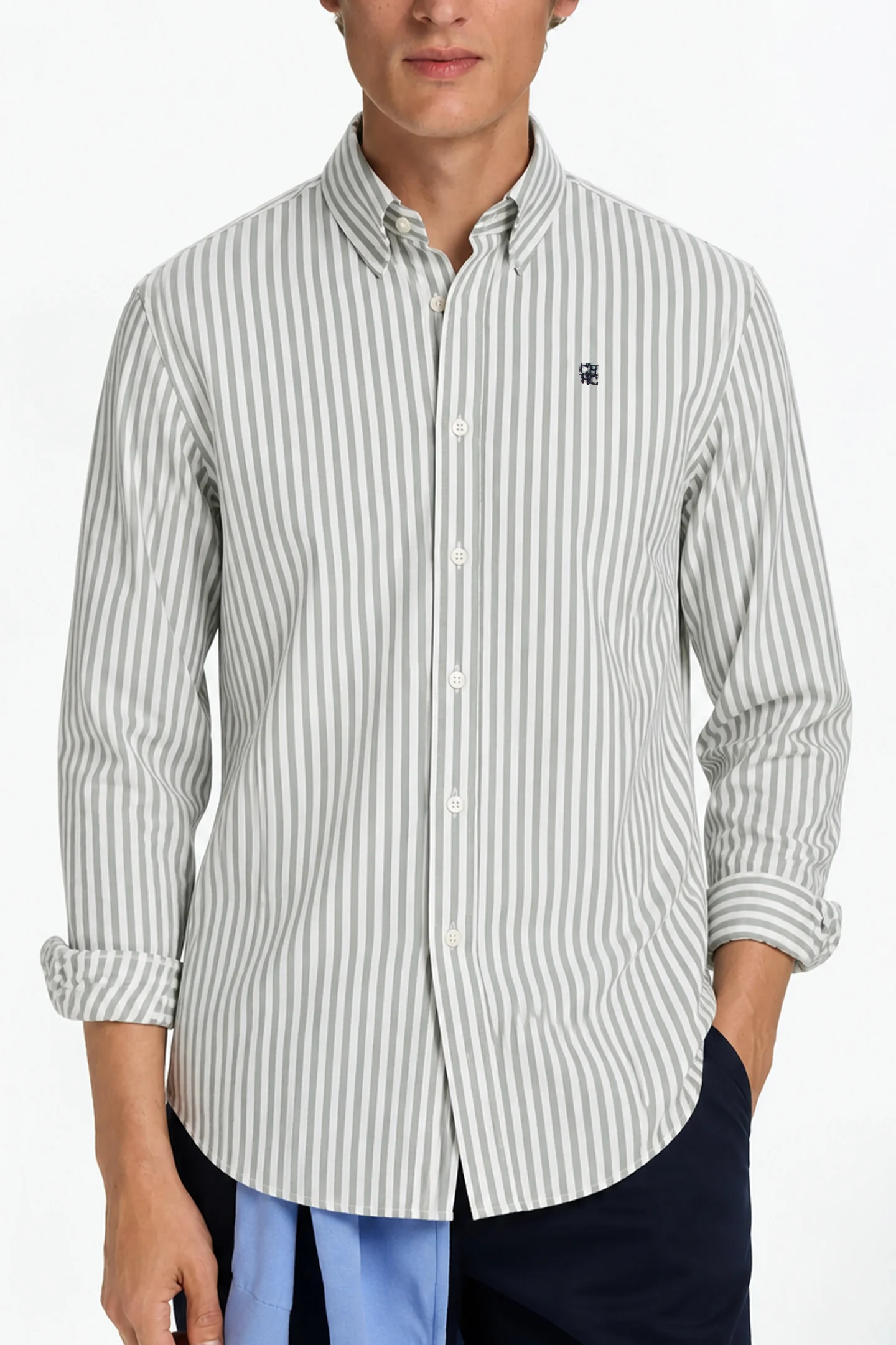 CH Stripe Embroidered Long Sleeve Shirt Men Straight Fit Button Down Collar Classic Timeless Casual Daily Wear Tops