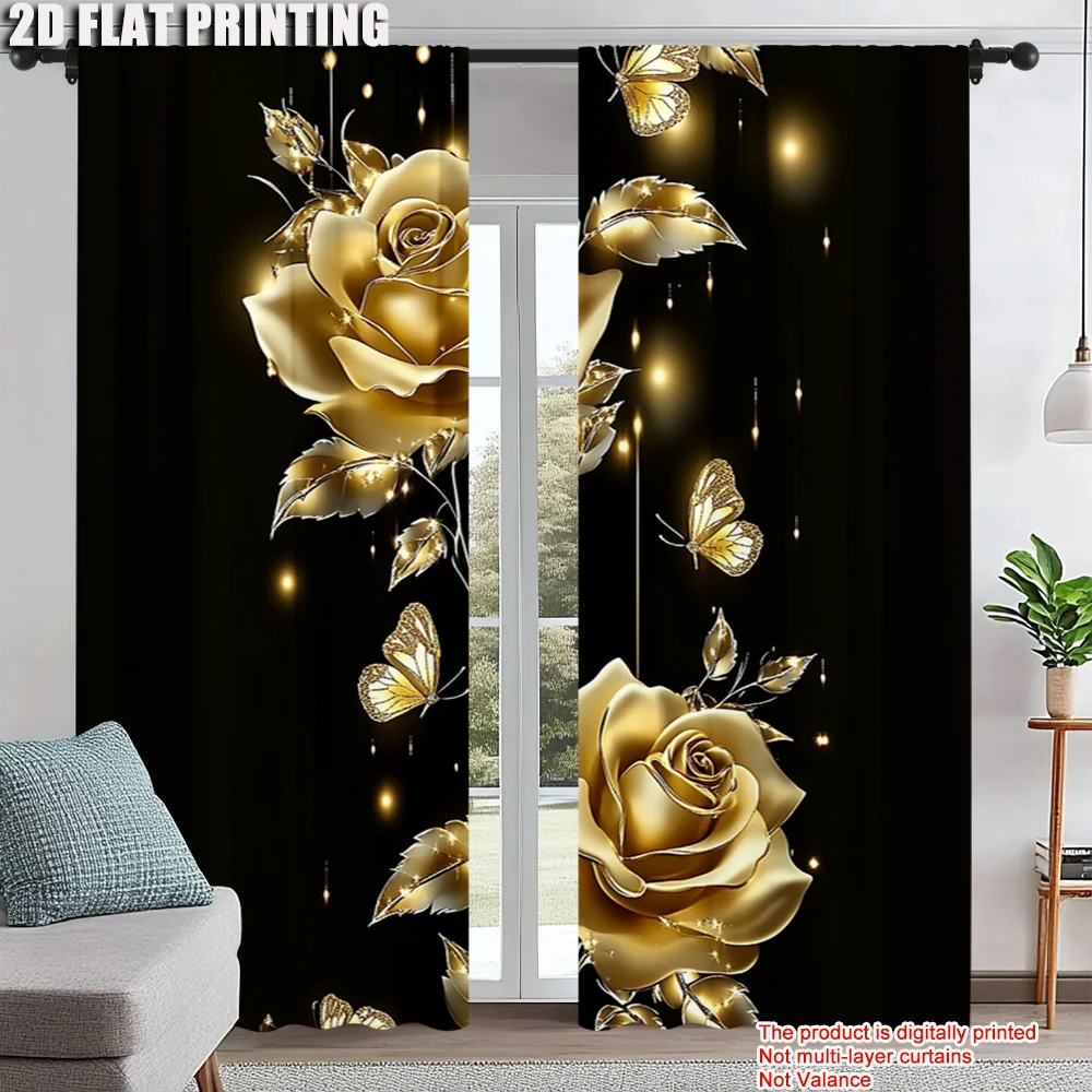 

2Pcs Gold Rose And Butterfly Window Curtain Protect Privacy Bedroom Living Room Decorative Curtain Valentine'S Day Romantic Gift