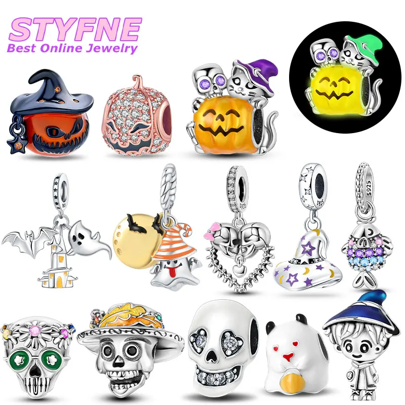 925 Sterling Silver Glow-in-the-dark Spooky Pumpkin Halloween Symbols Beads Fits DIY Bracelet & Bangle Jewelry Anniversary