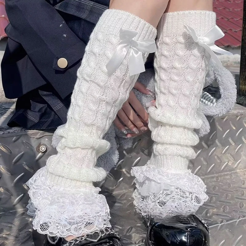 

Japanese Lolita Women Cable Knitted Leg Warmer Bow Tiered Ruffled Lace Calf Socks Long Knee High Socks Leg Warmers Stocking 2025
