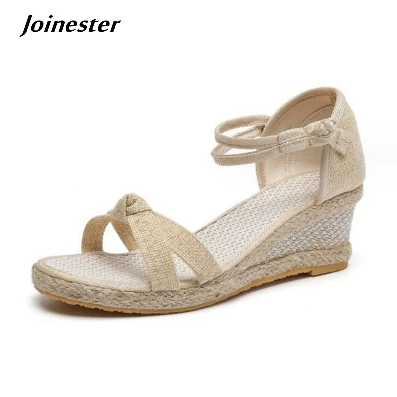 

Women Open Toe Pure Color Ankle Strap Linen Wedge Sandals with Traditional Button Summer Casual High Heel Dress Shoe