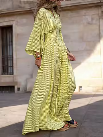 Yellow Grid Print V-Neck Maxi Dress with Bell Sleeves, Casual Resort Style for Women
