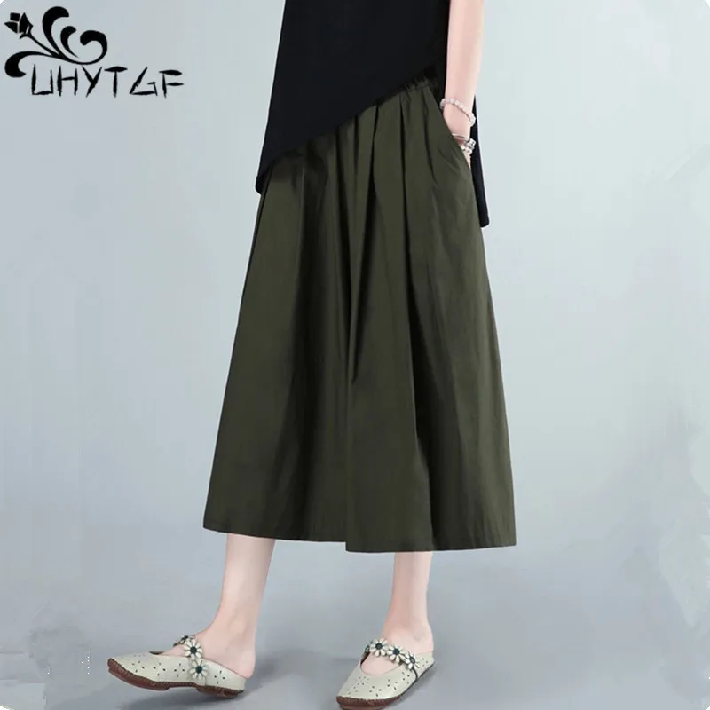 

UHYTGF 2023 Cotton Linen Wide Leg Pants Womens Elastic High Waist Casual Summer Trousers Skirts Female Japanese Loose Pants 2702