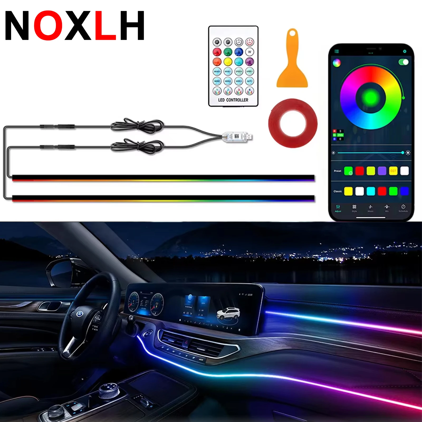 Dynamic RGB Car Dashboard Light Bar Hidden Center Console Atmosphere Lamp USB App Remote Control Auto Interior Decor Accessories