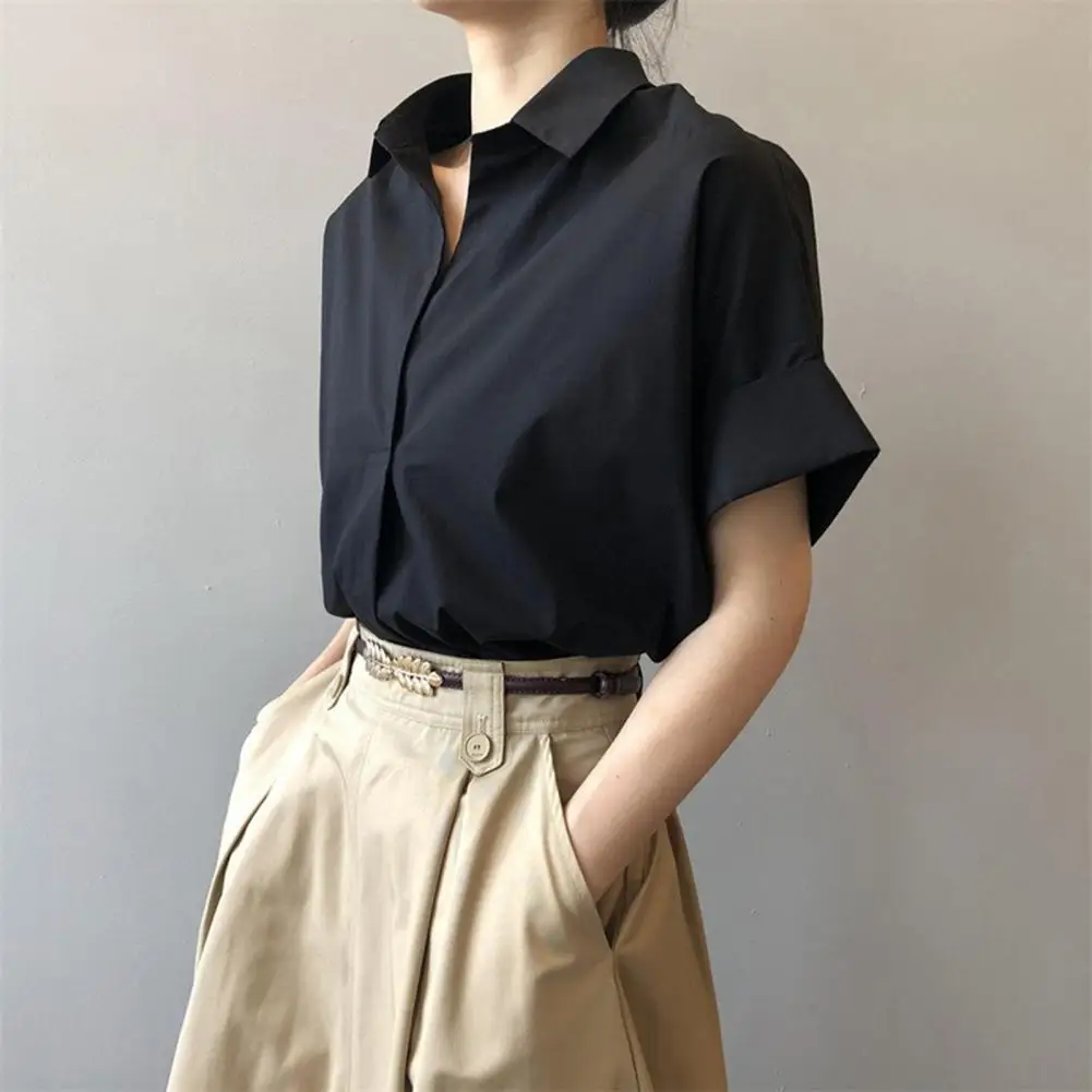 

1pc Women Summer Shirt Lapel Short Sleeve Solid Color Pullover Tops Loose Fit Thin Blouse Office Lady Shirt Workwear 라펠 블라우스