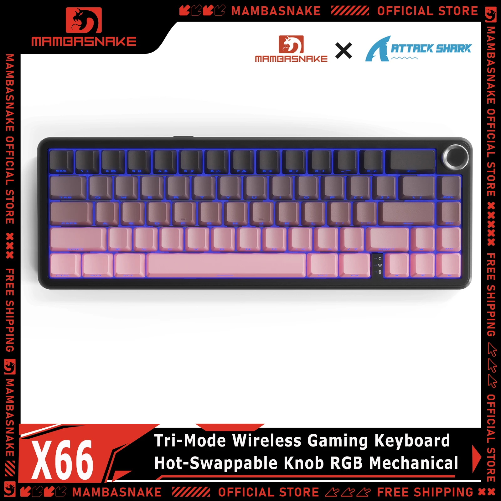 ATTACK SHARK X66 60% Tri-Mode Wireless Mechanical Gaming Keyboard Gasket Mount Hot-Swappable With Knob RGB For PC