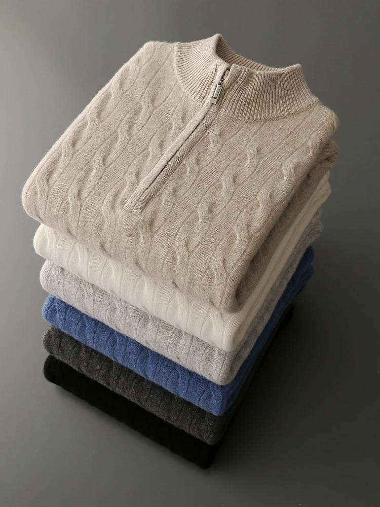 Autumn Winter Men Half Zippers 100% Merino Wool Sweater Thicken Twist Flower Pullover Retro Casual Cashmere Knitwear Solid Tops