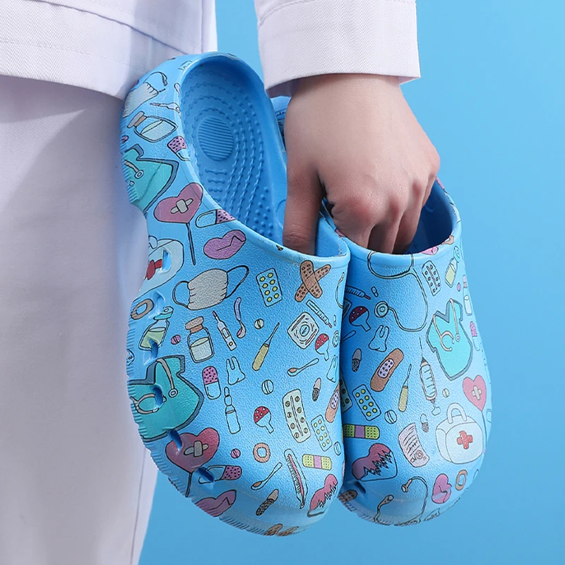 ICU Print Scrub Shoes Medical Nursing Clogs Doctor Nurse for Women and Men Hospital Work EVA Anti Slip Garden Strap Light Clogs