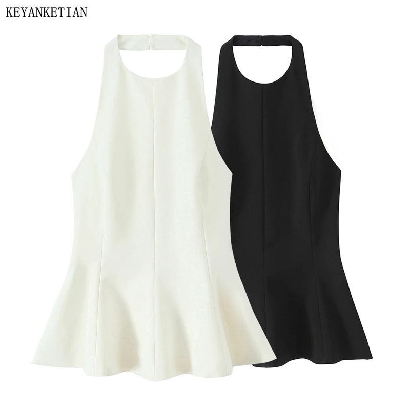 

KEYANKETIAN Summer New Women's Hemline Halter Top Solid color Holiday wind Sexy Backless Slim Sleeveless Camisole Short Vest