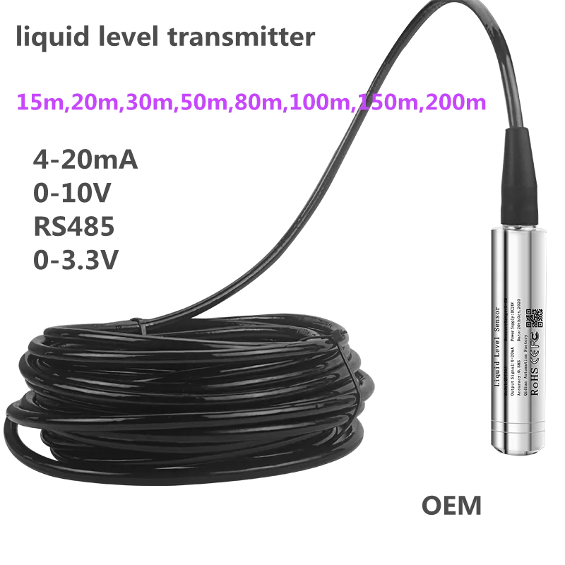 15m 20m 30m 50m 80m 100m Water Level Sensor 4-20mA RS485 Hydrostatic Liquid Level Sensor Transmitter for Tank 0-10V