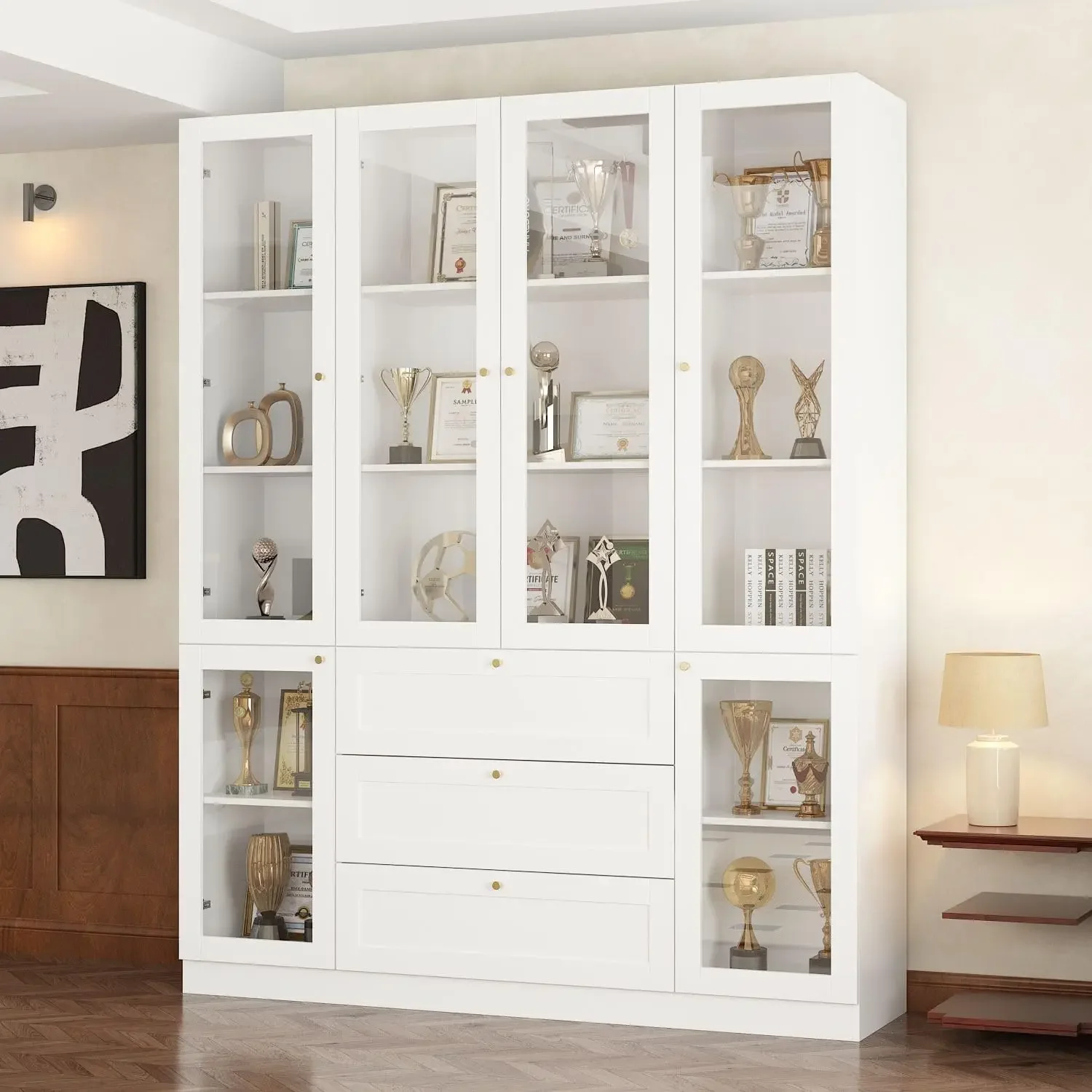 Large Display Case Storage Cabinet, Acrylic Display Cabinet with 3 Drawers for Collectibles, White (63”W x 15.7”D x 78.7”H)