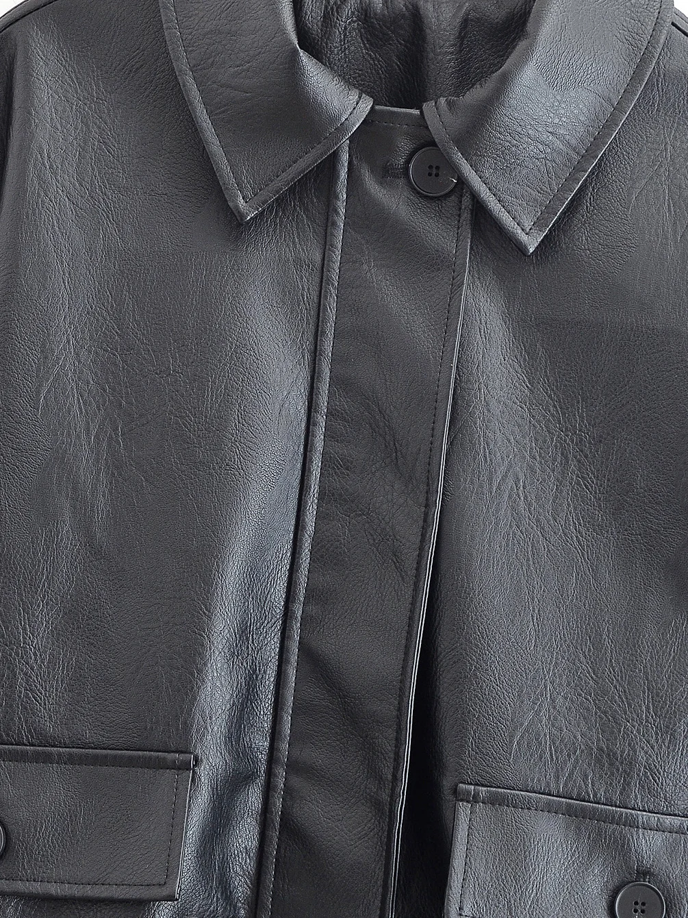 เสื้อแจ็คเก็ตหนังสไตล์นักบินสำหรับผู้หญิงทรงหลวมแบบอเมริกัน สีดำ ตกแต่งกระดุมและซิป  สำหรับฤดูใบไม้ผลิ