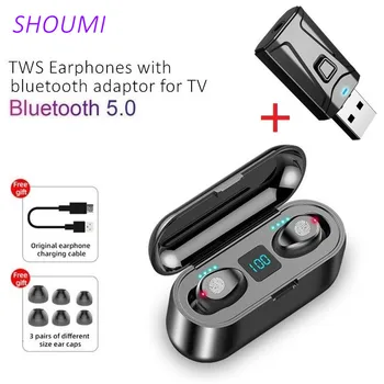 F9-2 Wireless TWS Earphone Bluetooth Headphones Waterproof Ture TWS Sports Headset Bluetooth TV Adapter with Mic Use for TV PC Car