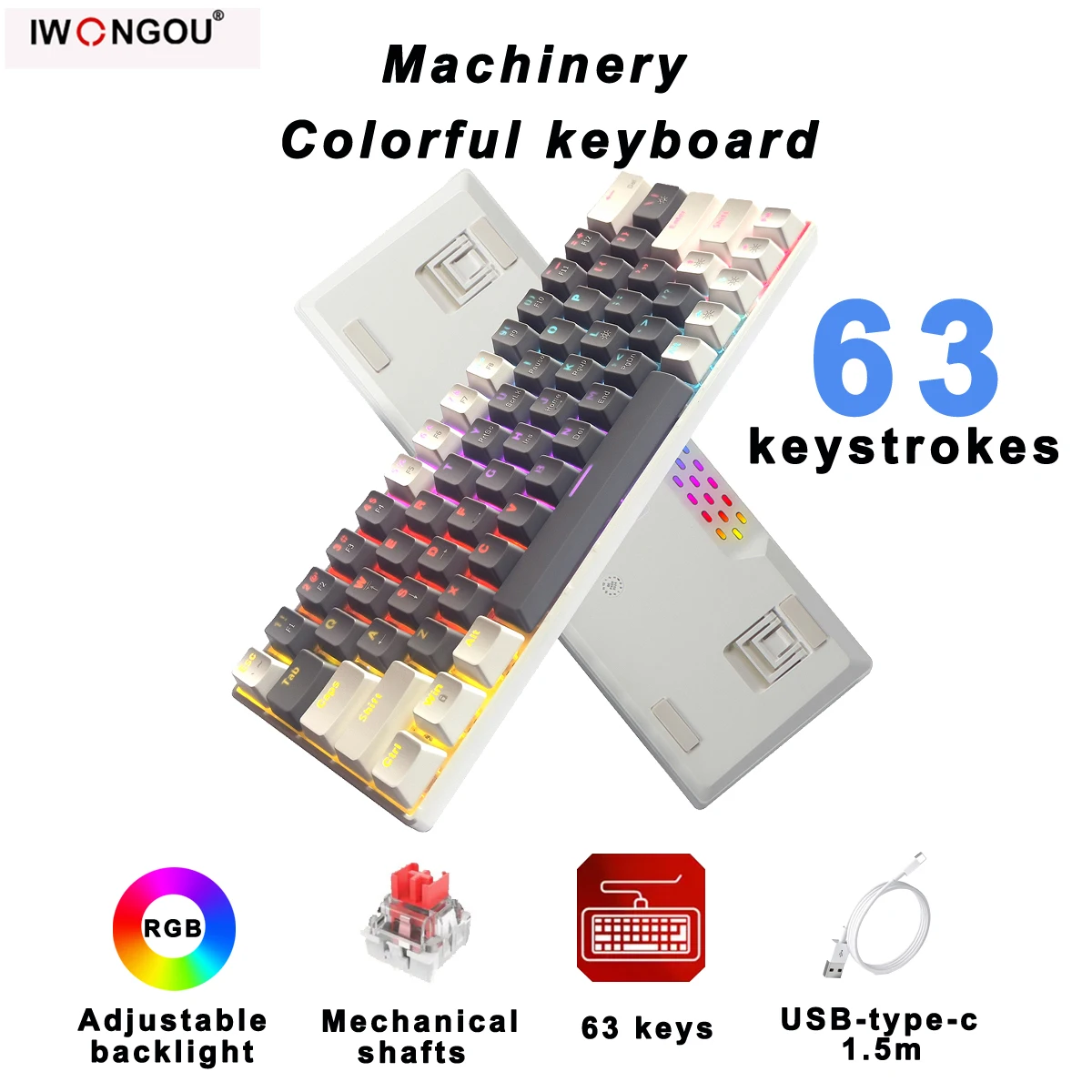 

IWONGOU K63 Mechanical Keyboard Grey Wired RGB ANSI 60% 63 Keys Layout with Arrow Keys Gaming Keyboard Hot-swappable For Gamer