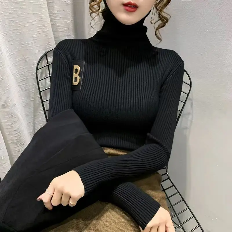 Women Korean Fashion Appliques Turtleneck Elegant Basic Knitwear 2023 Autumn Winter Solid Long Sleeve Slim Pullover Tops Jumpers