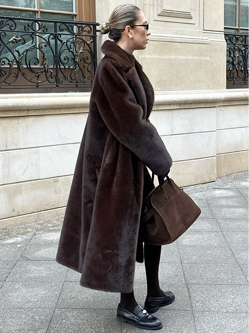 

Женское элегантное пальто ZADORIN из искусственного меха норки, 110 см, с длинным воротником и поясом, коричневое, пушистое, для зимы