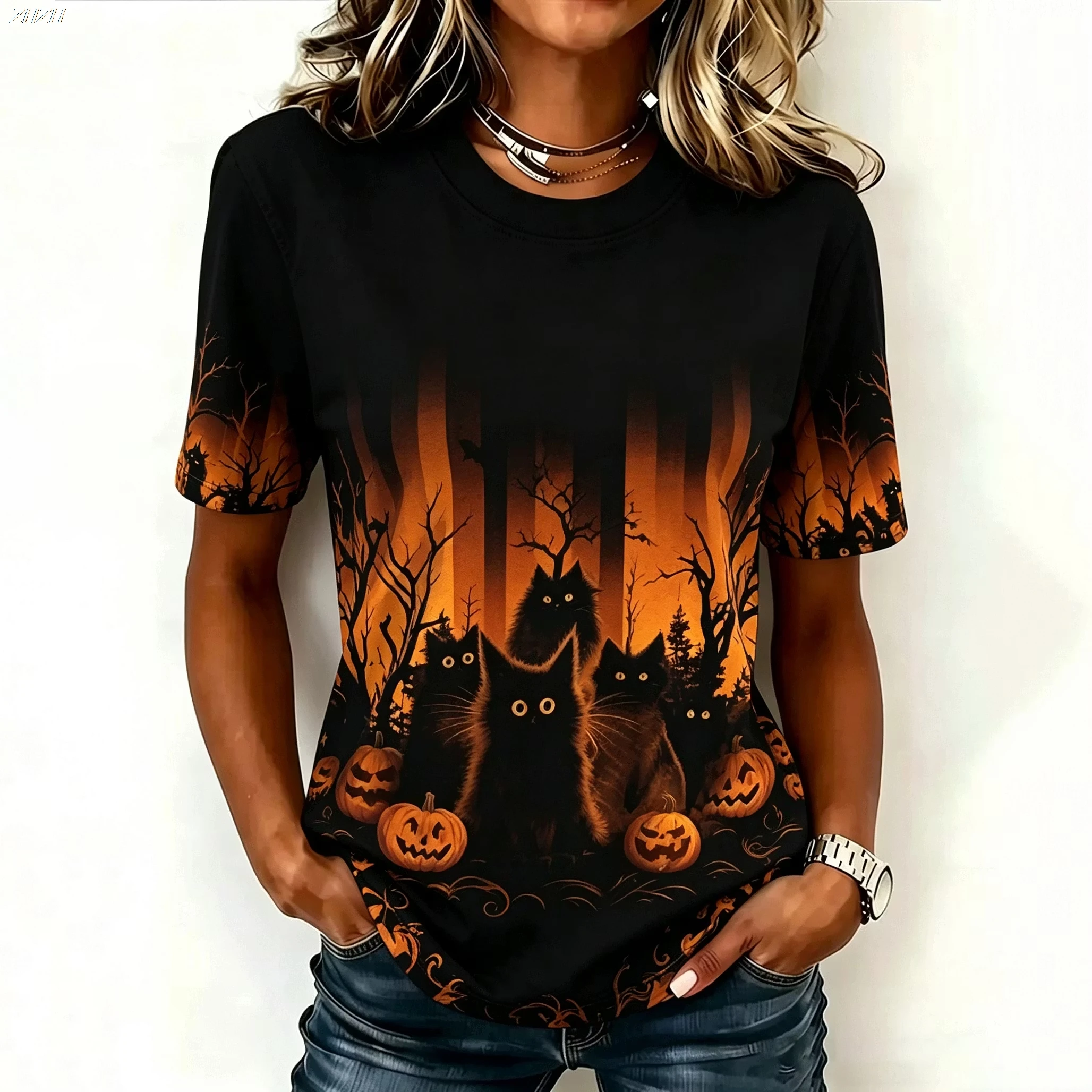 Women Halloween Pumpkin Witch Hat Maple Leaf Print T‑Shirt Casual Short Sleeve Crew Neck Top Fall Festival Party Tee