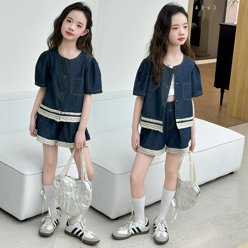 

French design shorts for girl ensemble jeans fille Lace patchwork denim jacket+shorts 2pcs junior kid clothes suit child outfits