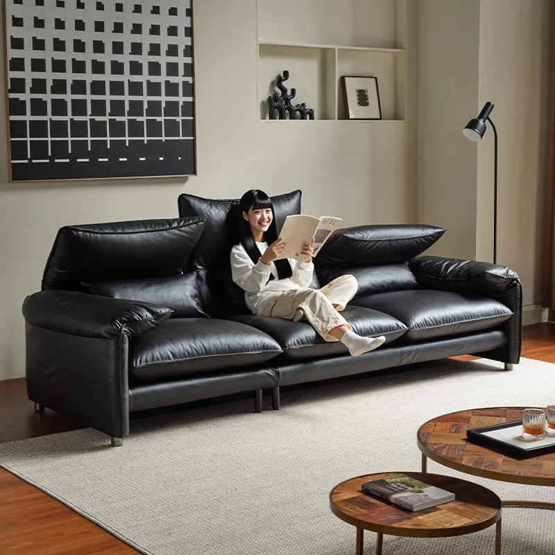 &For Maralunga First-Class Retro Italian Minimal Leather Sofa Set Black Genuine Leather Sponge for Living Room