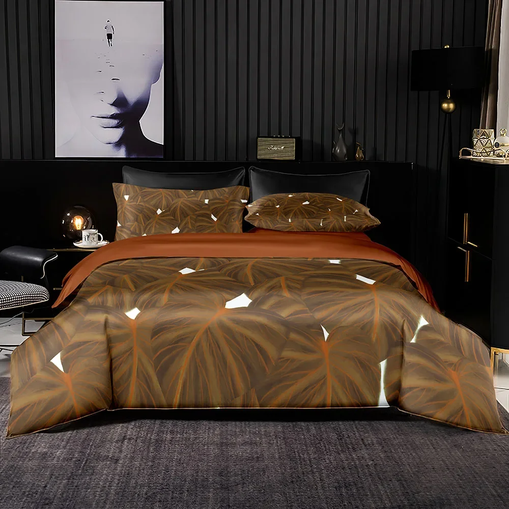 Recommend Bedding Set Brown Home Textile Cover Pillowcase Large Leaf Print Duvet Cover Queen King Size Bed Cover 2/3pcs 220x240