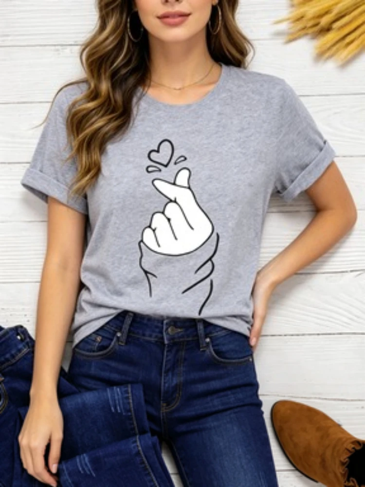 Finger Heart Print Women T Shirt Short Sleeve O Neck Loose Women Tshirt Ladies Fashion Tee Shirt Tops Clothes Camisetas Mujer