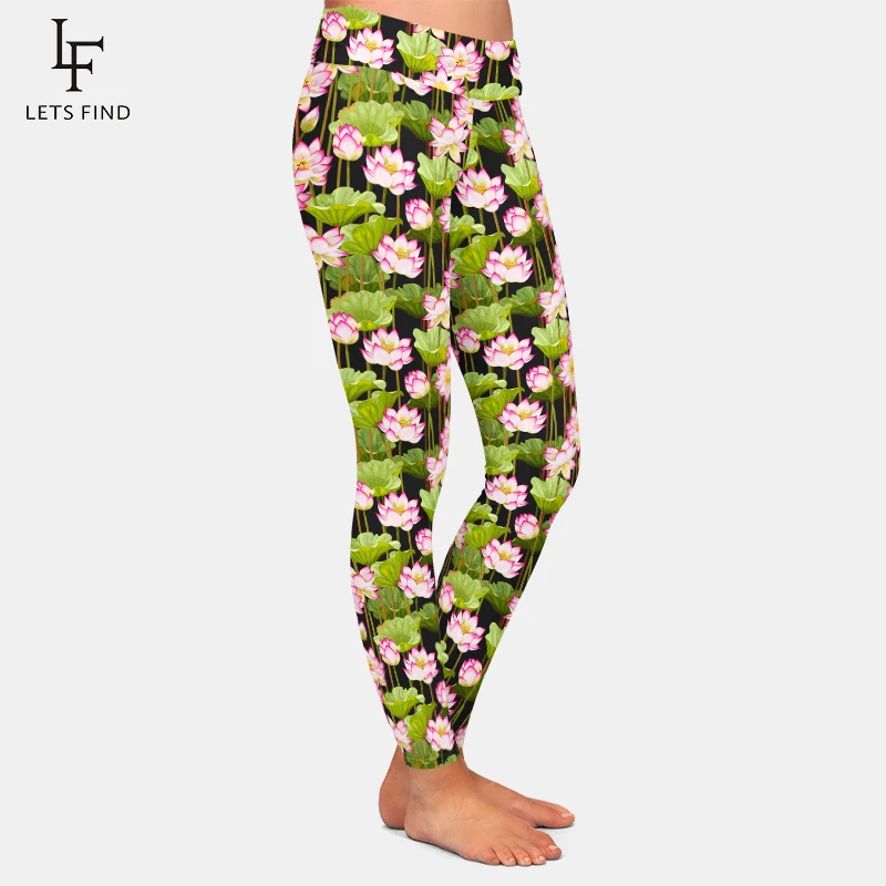 LETSFIND-Calças Fitness Feminina, Leggings de Cintura Alta, Calças Finas, Estampa 3D com Flores de Lótus, Moda, Alta Qualidade