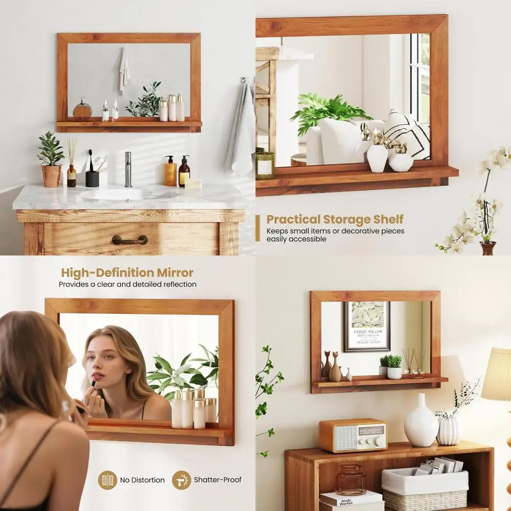 

прямоугольное настенное зеркало в оправе из тикового дерева с полкой, декоративный декор для стен ванной комнаты 27,5 x 20 дюймов