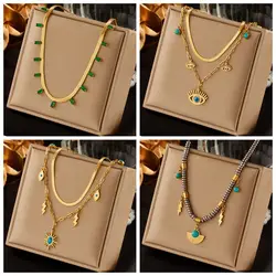 MEYRROYU 316l Stainless Steel Green Stone Crystal Hip-Hop Multilayer Pendant Chain Necklace For Women Wedding Party Accessorie
