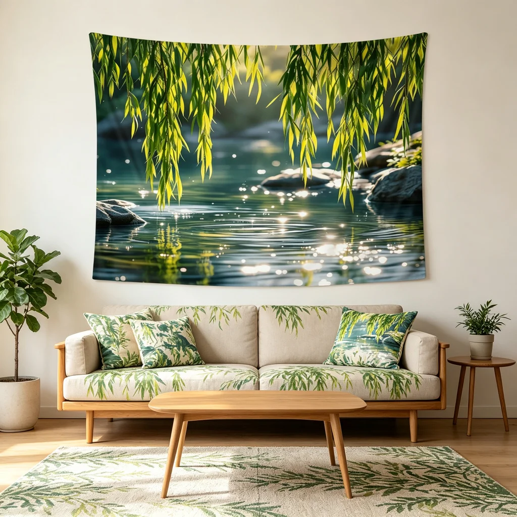 1PC Willow Stream Sunlight Art Print Backdrop Banner, Bedroom Living Room Photo Background, Polyester, Home Decor, Wall Art